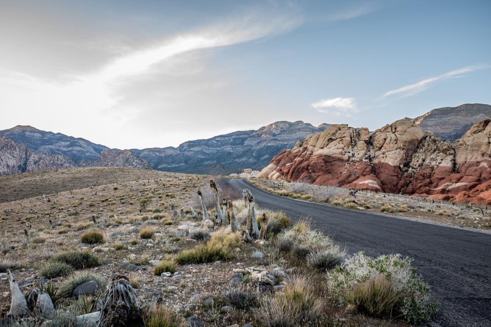 Free Image of Desert road leading through rocky landscape under clear skies 