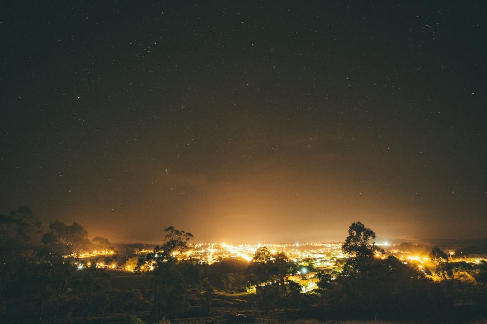 Free Image of City lights sparkle under a starry night sky with silhouetted trees. 