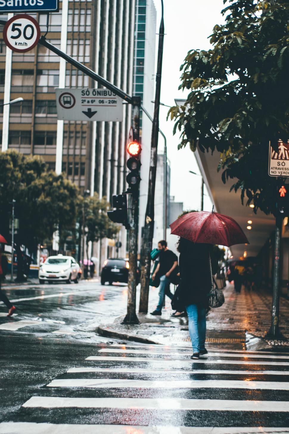 Free Image of Person crossing a wet street with a red umbrella on a rainy day 