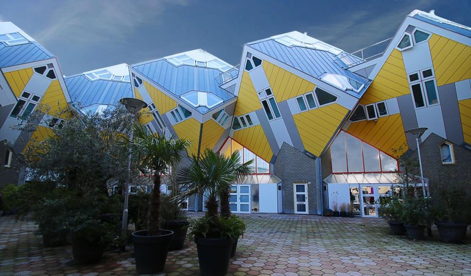 Free Image of Architectural detail of unique yellow and grey geometric building. 
