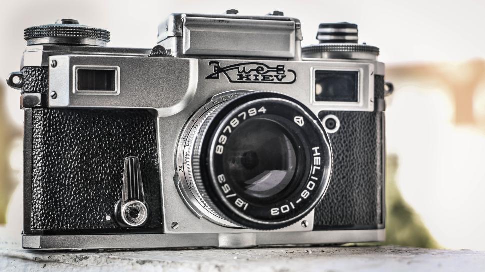 Free Image of Close-up of a vintage Kiev camera with a Helios lens attached. 