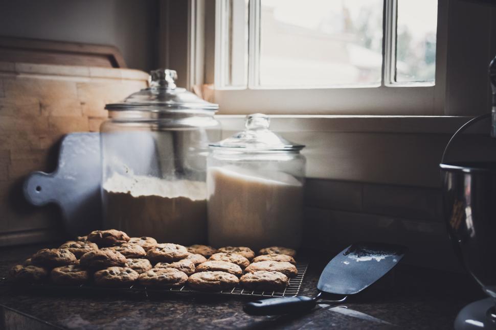 Free Image of Homemade chocolate chip cookies cooling on a kitchen counter 