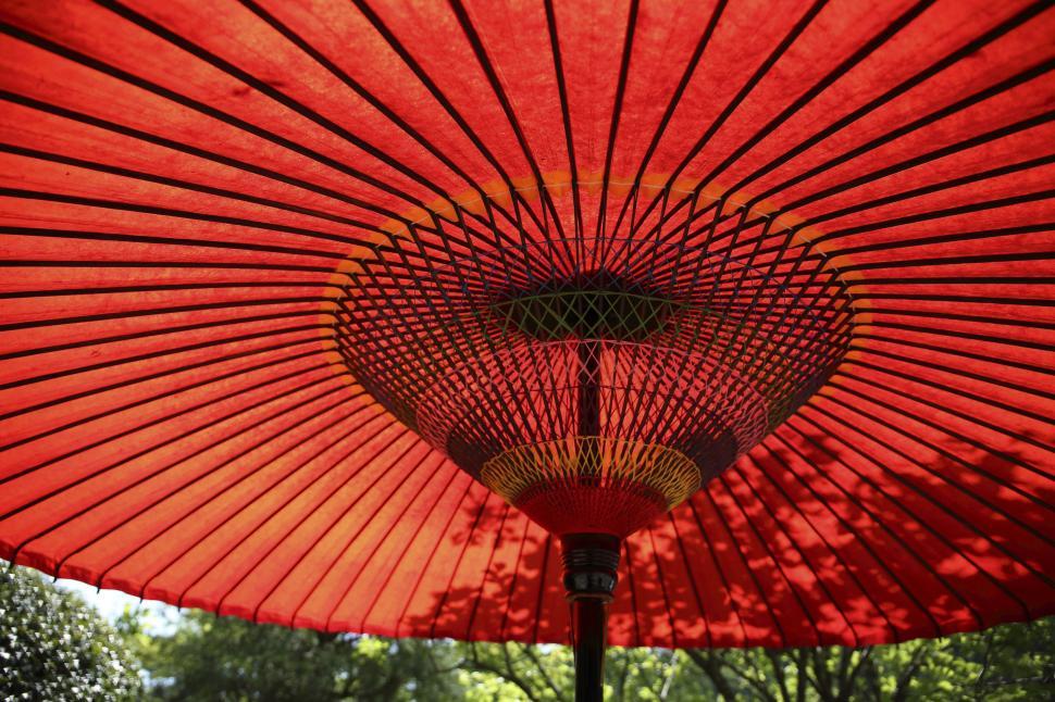 Free Image of Red traditional Japanese umbrella with intricate designs underneath 