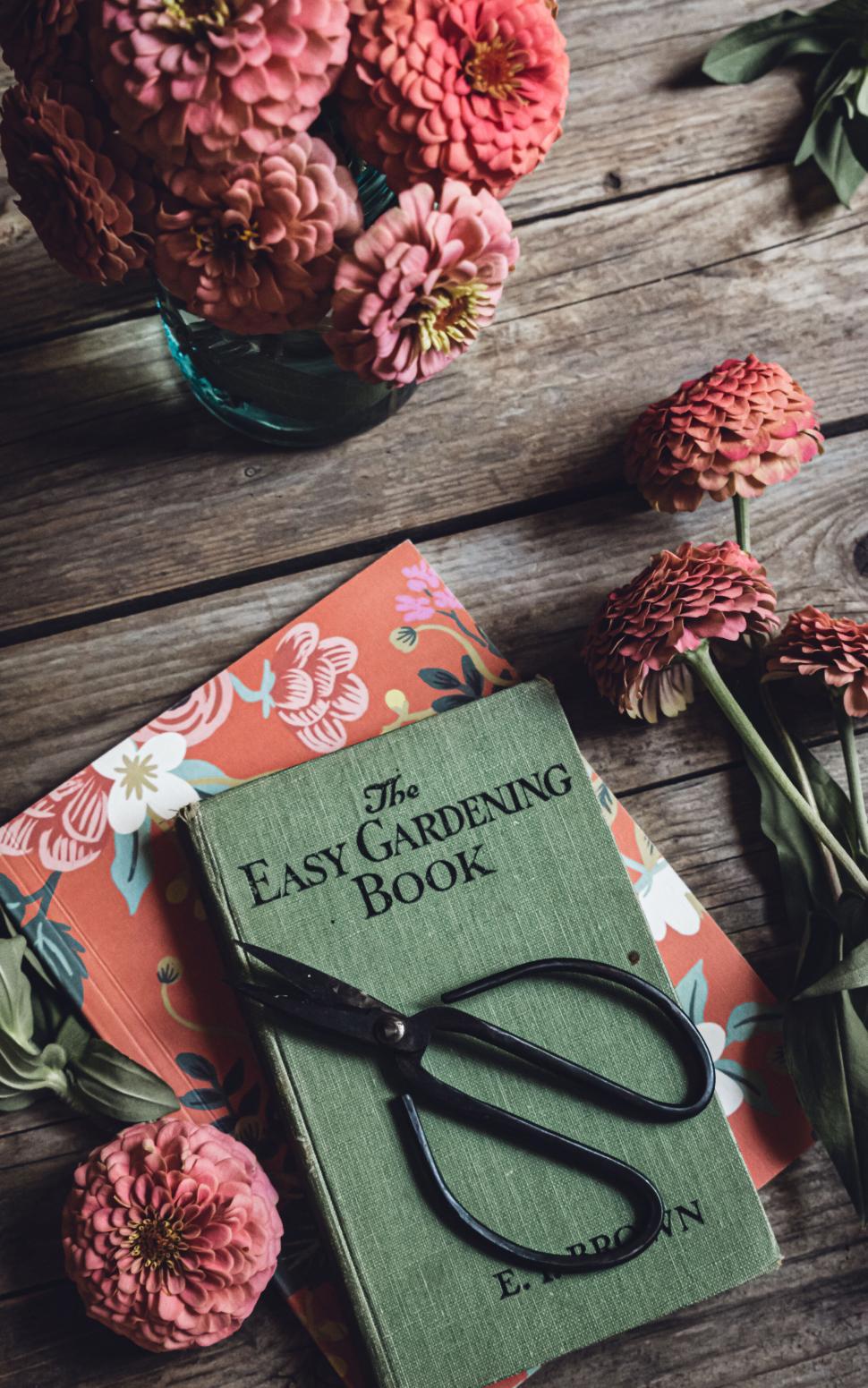 Free Image of Gardening book with vintage scissors and zinnia flowers on wooden table. 