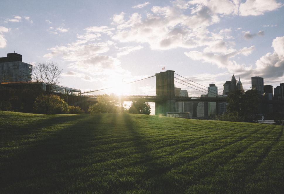 Free Image of Sun setting behind a bridge casting shadows on a green lawn 