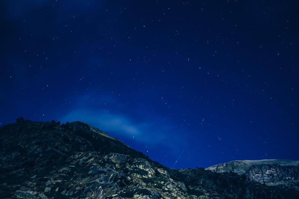 Free Image of Starry night sky over mountain range with distant faint light trails. 