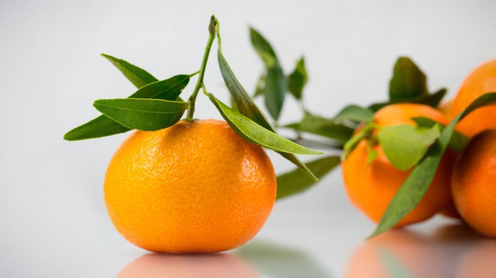 Free Image of Fresh tangerine fruit with leaves, displayed against a clean background 