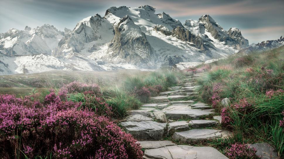 Free Image of Cobbled mountain path leading to snowy peaks under a dramatic sky 