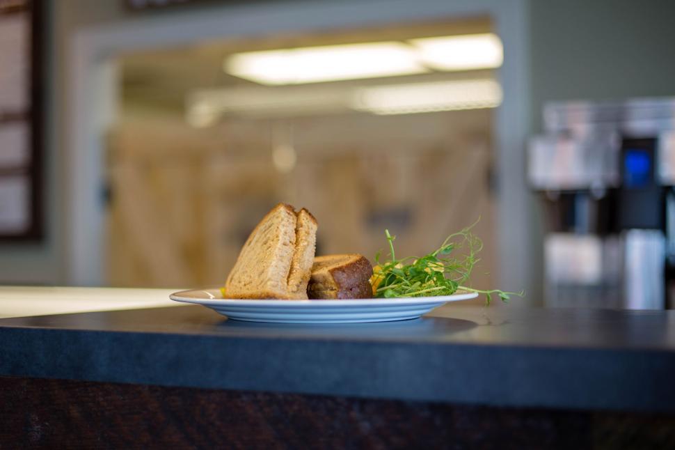 Free Image of Served plate of toasted sandwiches with garnish on a countertop. 