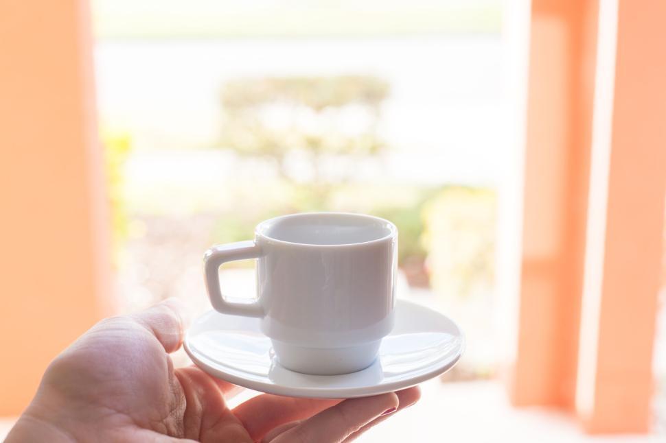 Free Image of Hand holding white coffee cup and saucer in bright sunlight 