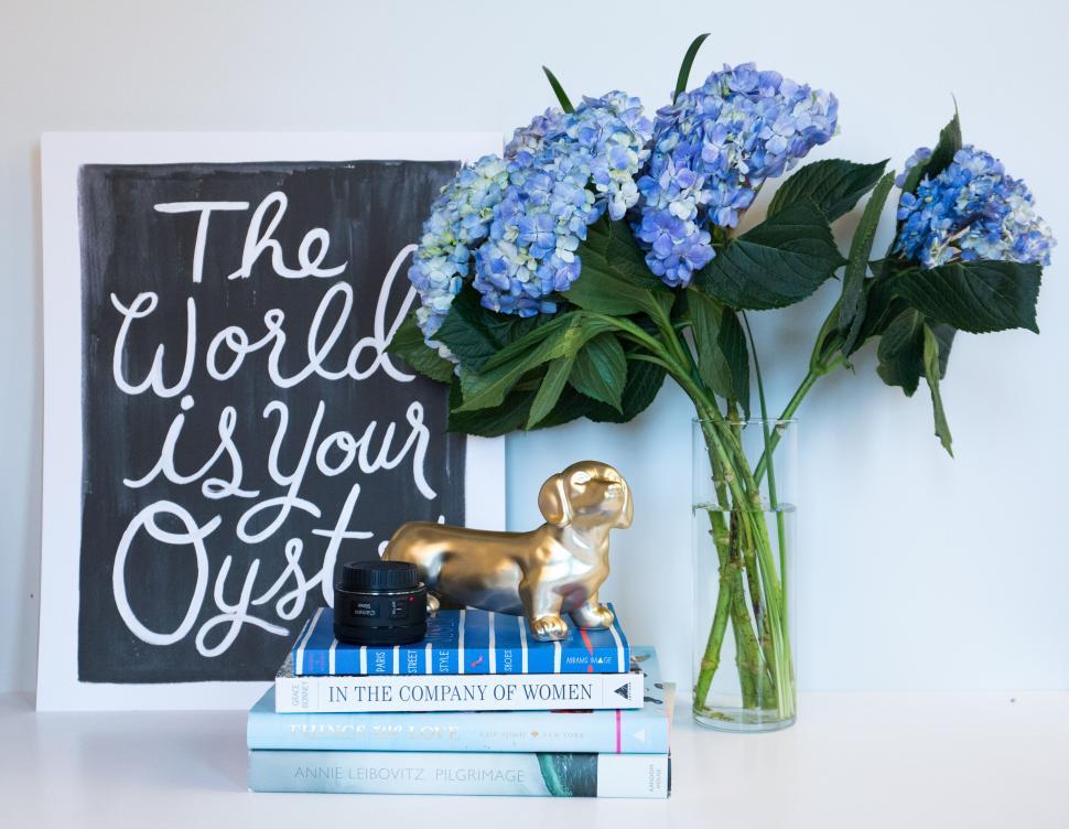 Free Image of Inspirational decor with flowers, books, and motivational sign. 