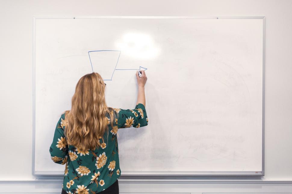 Free Image of Woman drawing a diagram on a whiteboard, back view in classroom. 