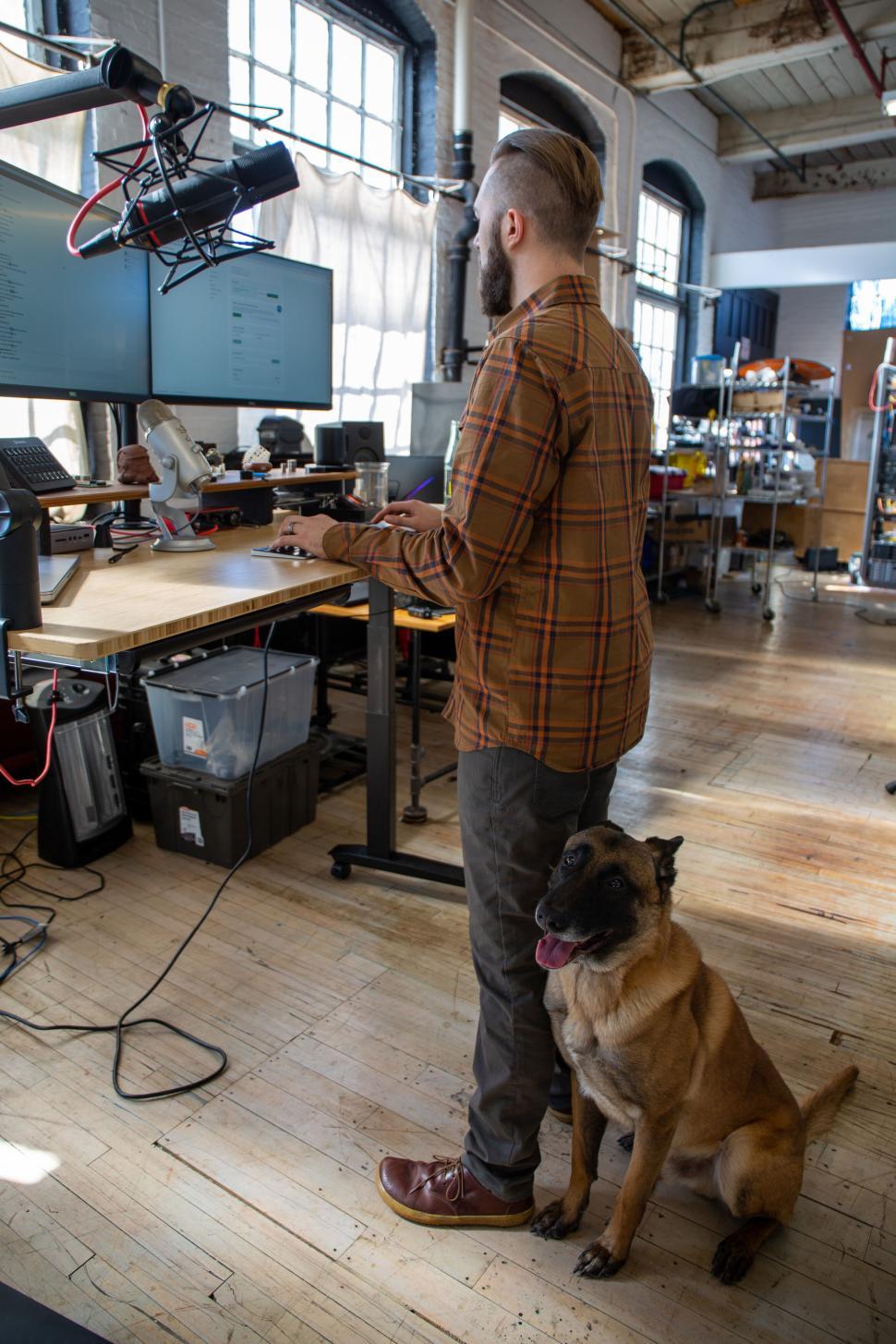 Free Image of Man standing with company dog at a standing desk in a modern office 