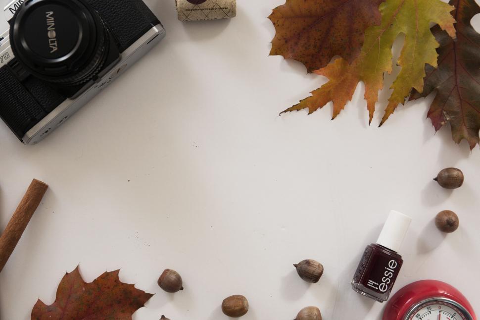 Free Image of Autumn Setting with Camera, Leaves, and Nail Polish Bottle 
