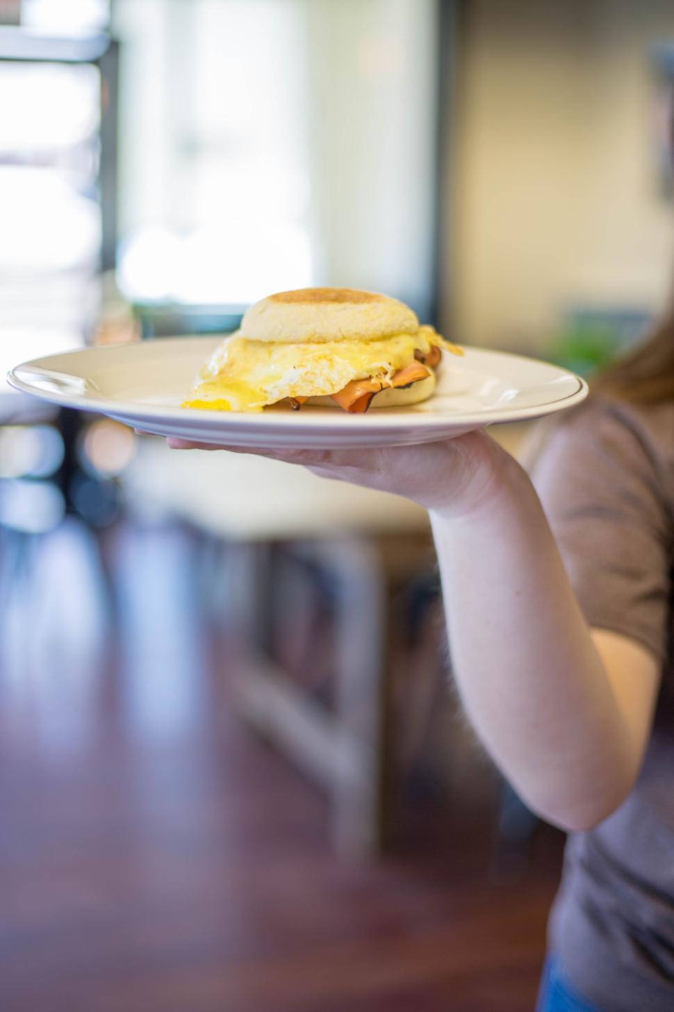 Free Image of Person holding a plate with a breakfast sandwich on it. 