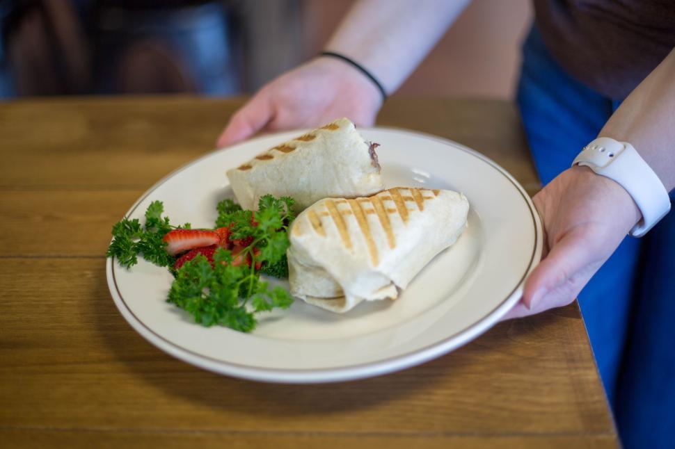 Free Image of Delicious grilled wraps being served on a white plate with parsley 