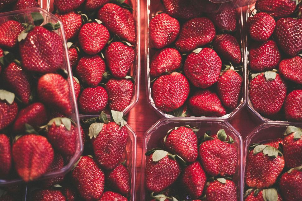Free Image of Fresh strawberries in clear containers at the market on sunny day. 