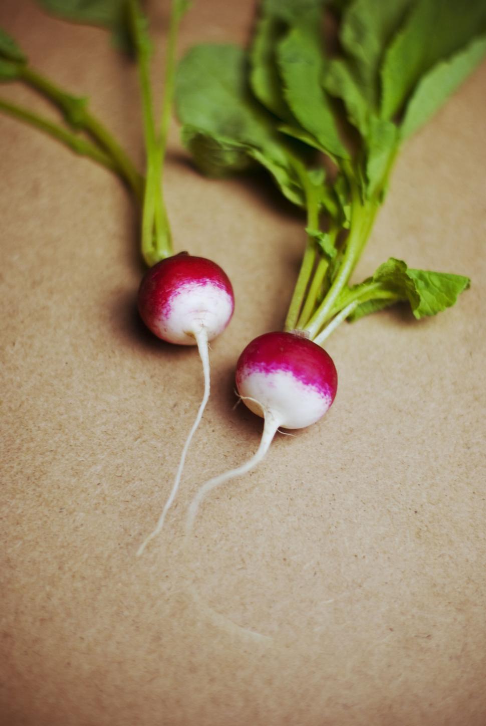 Free Image of Pair of vibrant radishes with green leaves on a rustic brown surface 