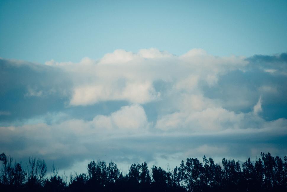 Free Image of Blue sky with layered clouds over a forested silhouette horizon 