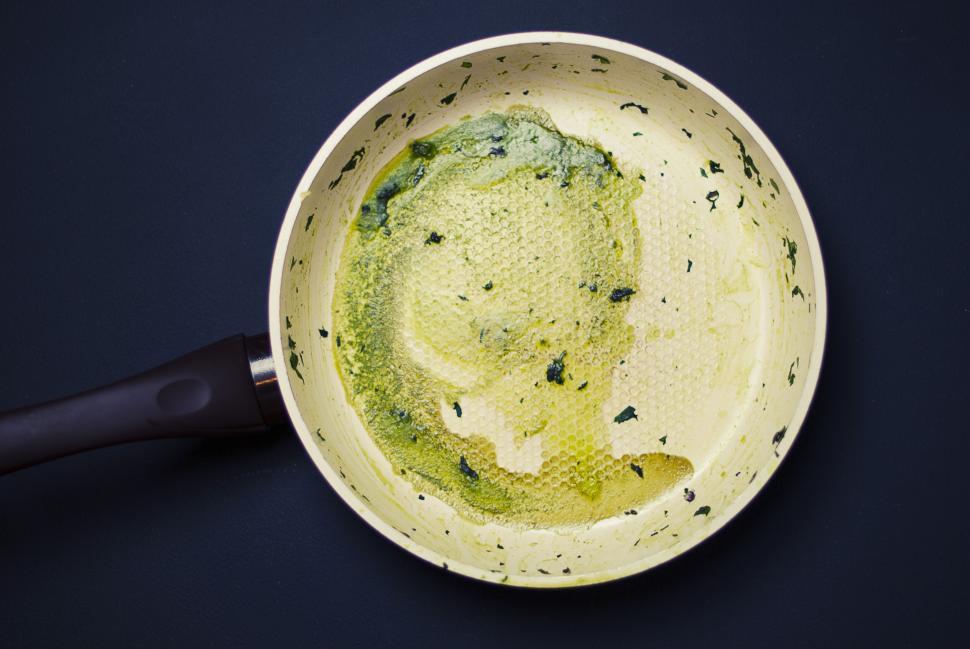 Free Image of Empty frying pan with leftover residues on dark background surface. 
