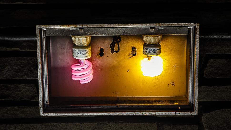 Free Image of Close-up view of two contrasting light bulbs, one pink, one yellow 