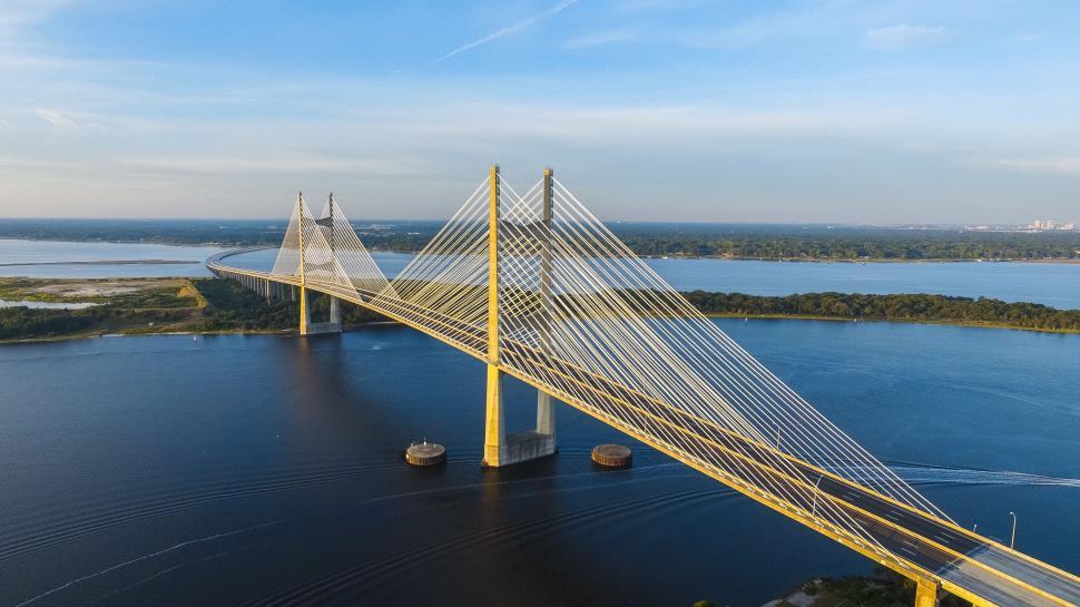 Free Image of Aerial view of a large cable-stayed bridge over a calm wide river 