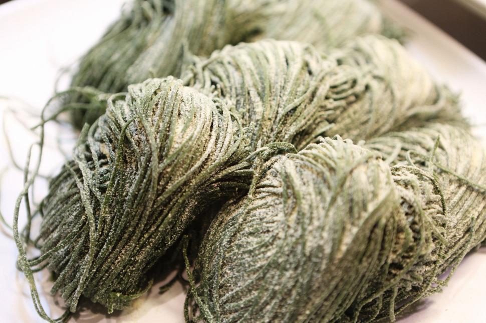 Free Image of Freshly made green pasta nests covered with flour on a white plate 