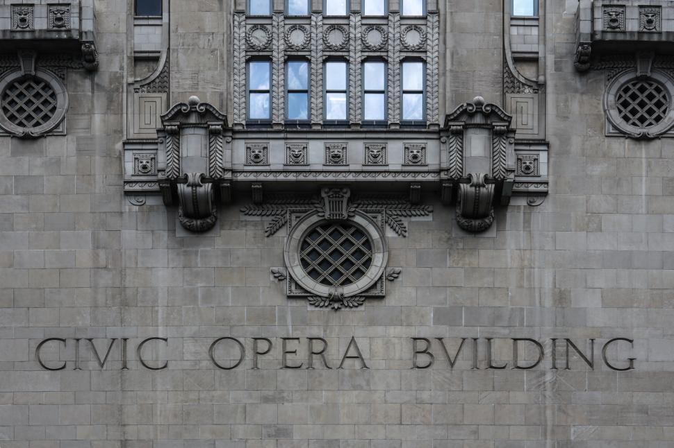 Free Image of Facade of the Civic Opera Building with ornate architectural details. 