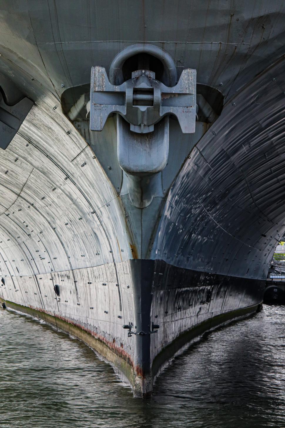 Free Image of Close-up view of a ship s bow with prominent anchor detail. 