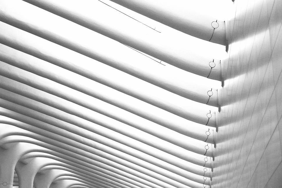 Free Image of Modern white architectural ceiling structure with curved beams. 