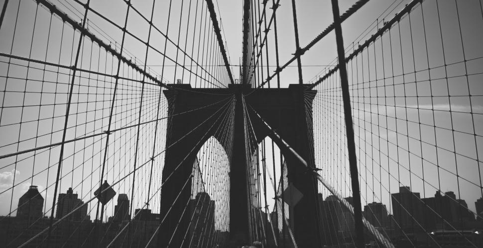 Free Image of Black and white view of iconic bridge structure with cables 