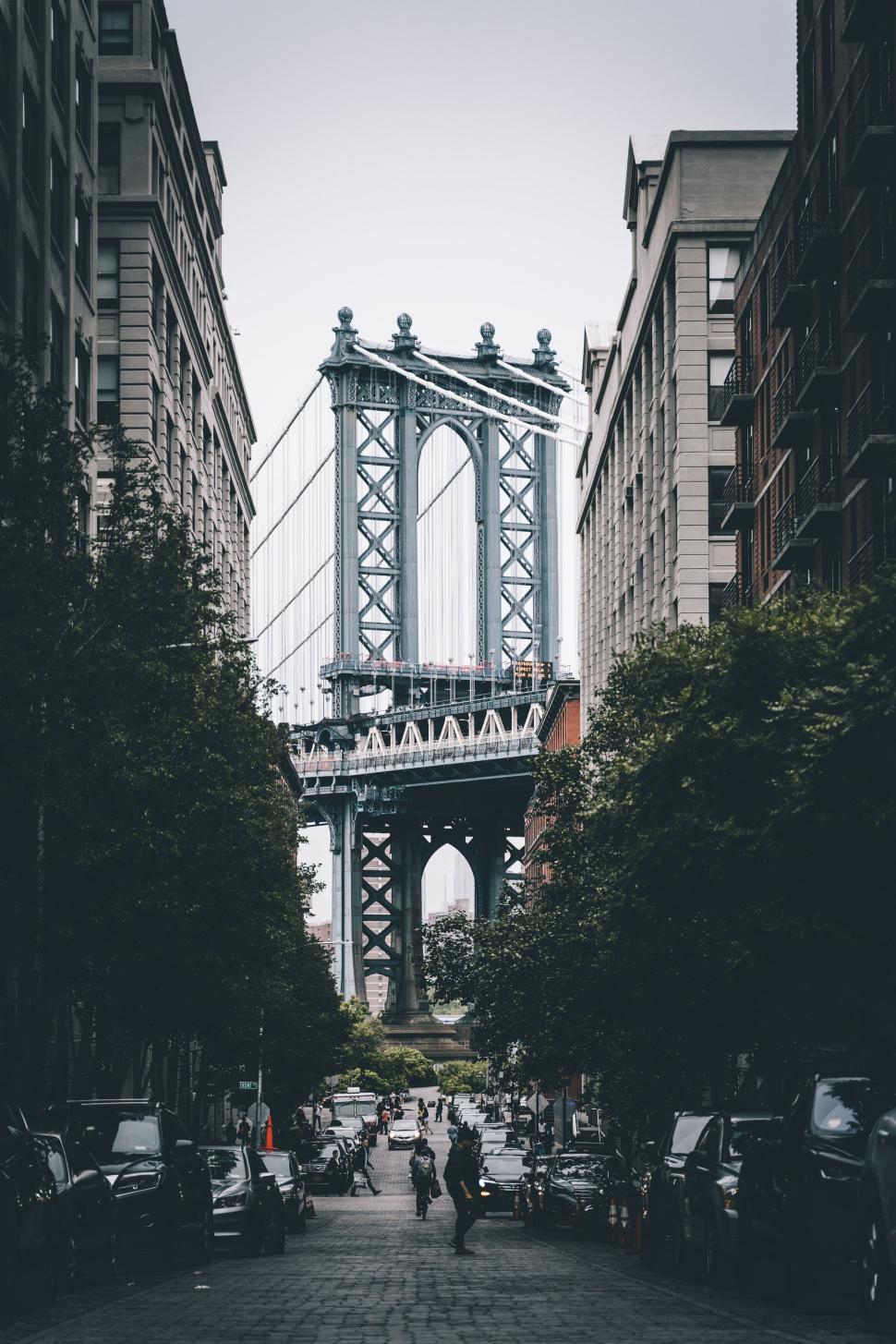 Free Image of Iconic bridge framed between buildings capturing urban essence 
