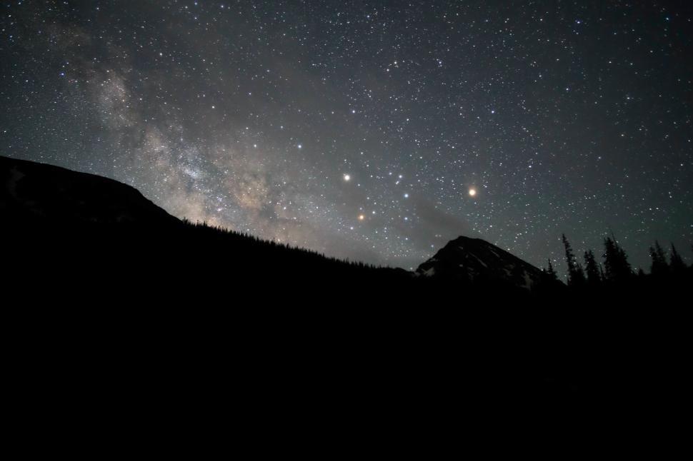 Free Image of Night sky with Milky Way galaxy over mountain silhouette 