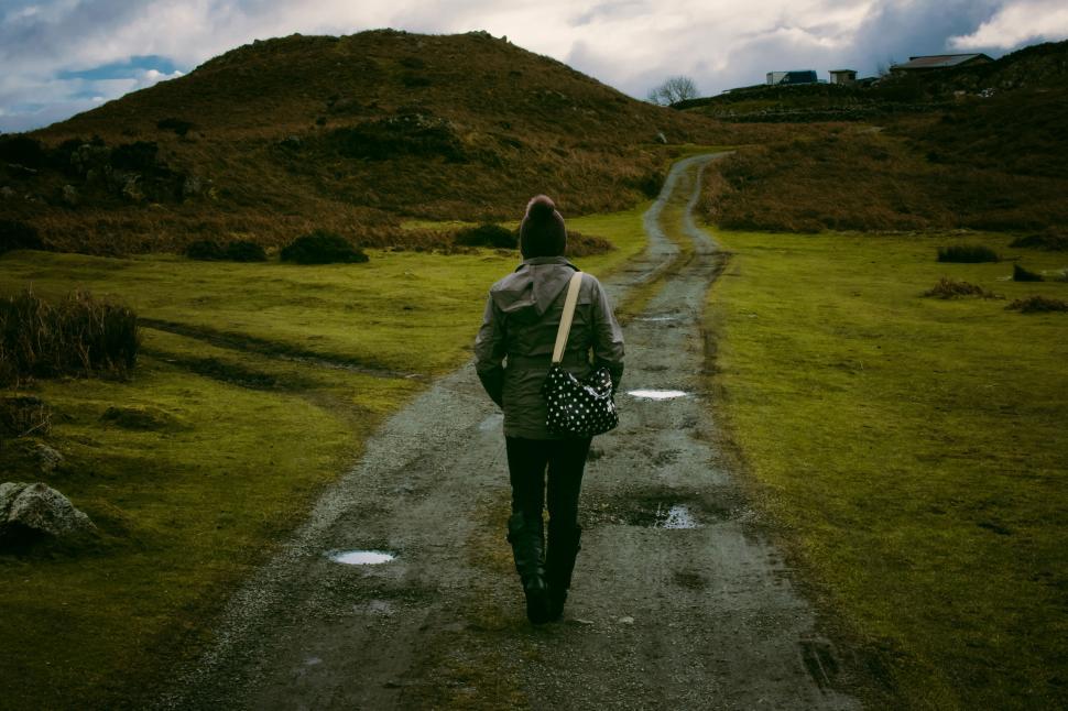 Free Image of Person walking on a path through open fields with a bag 