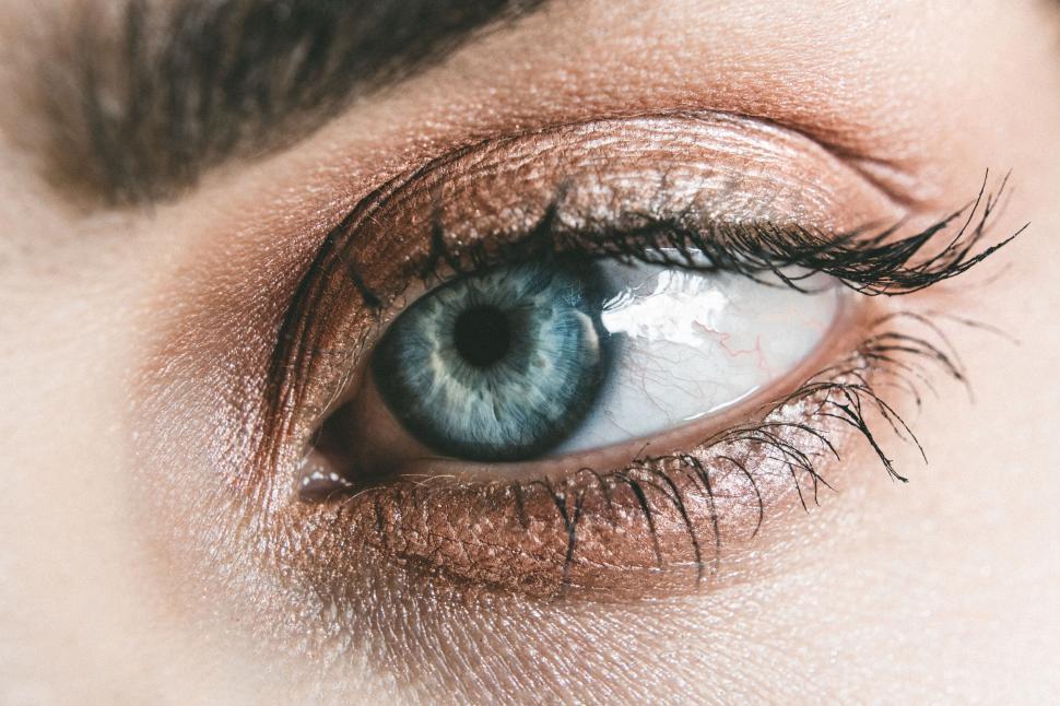 Free Image of Close-up of a blue eye with shimmering copper eyeshadow applied neatly. 