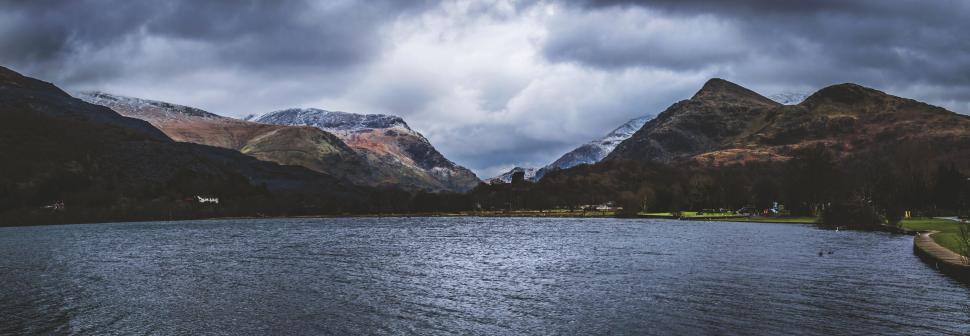 Free Image of Panoramic view of a lake with mountains and cloudy sky background 