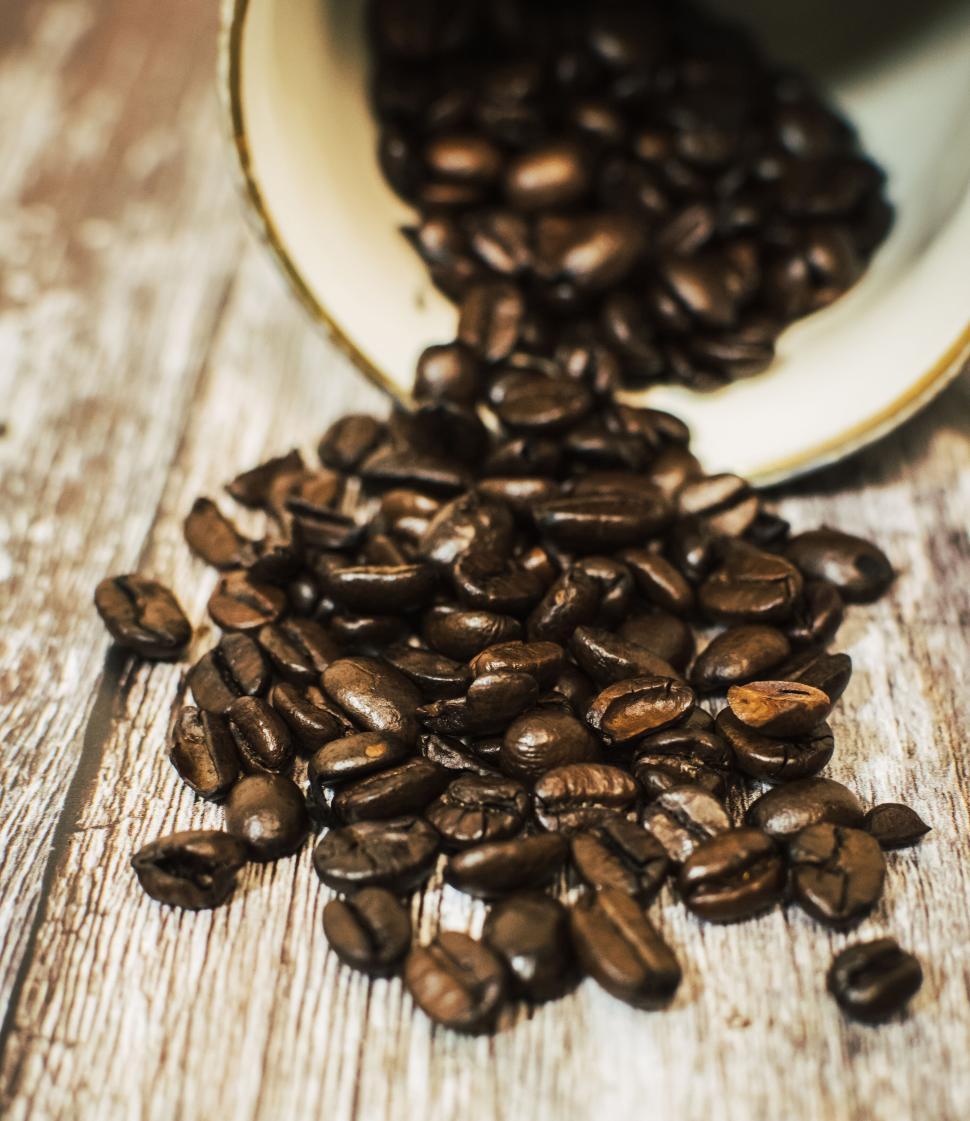 Free Image of Close-up view of dark roasted coffee beans spilling from a mug 