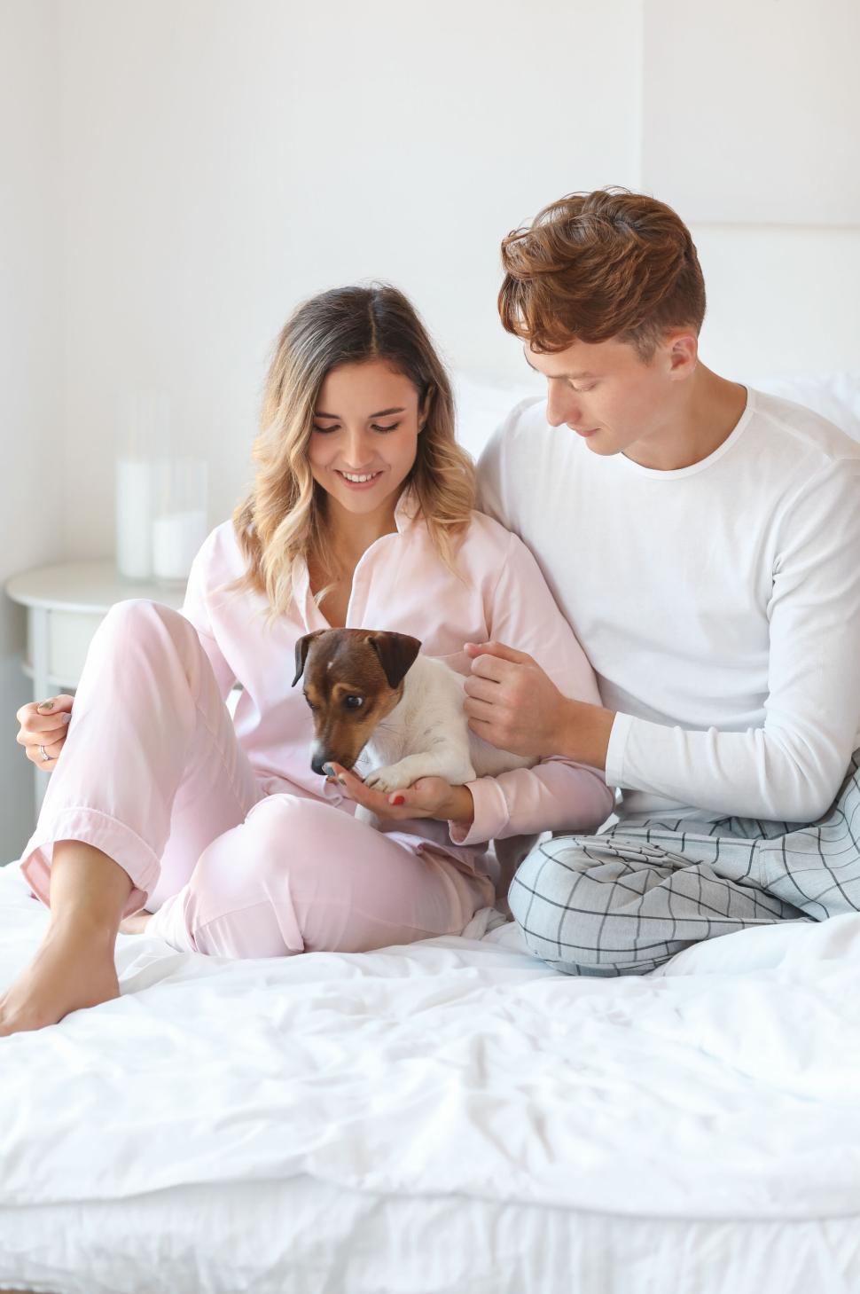 Free Image of Happy couple petting their dog on a white bed in the morning 