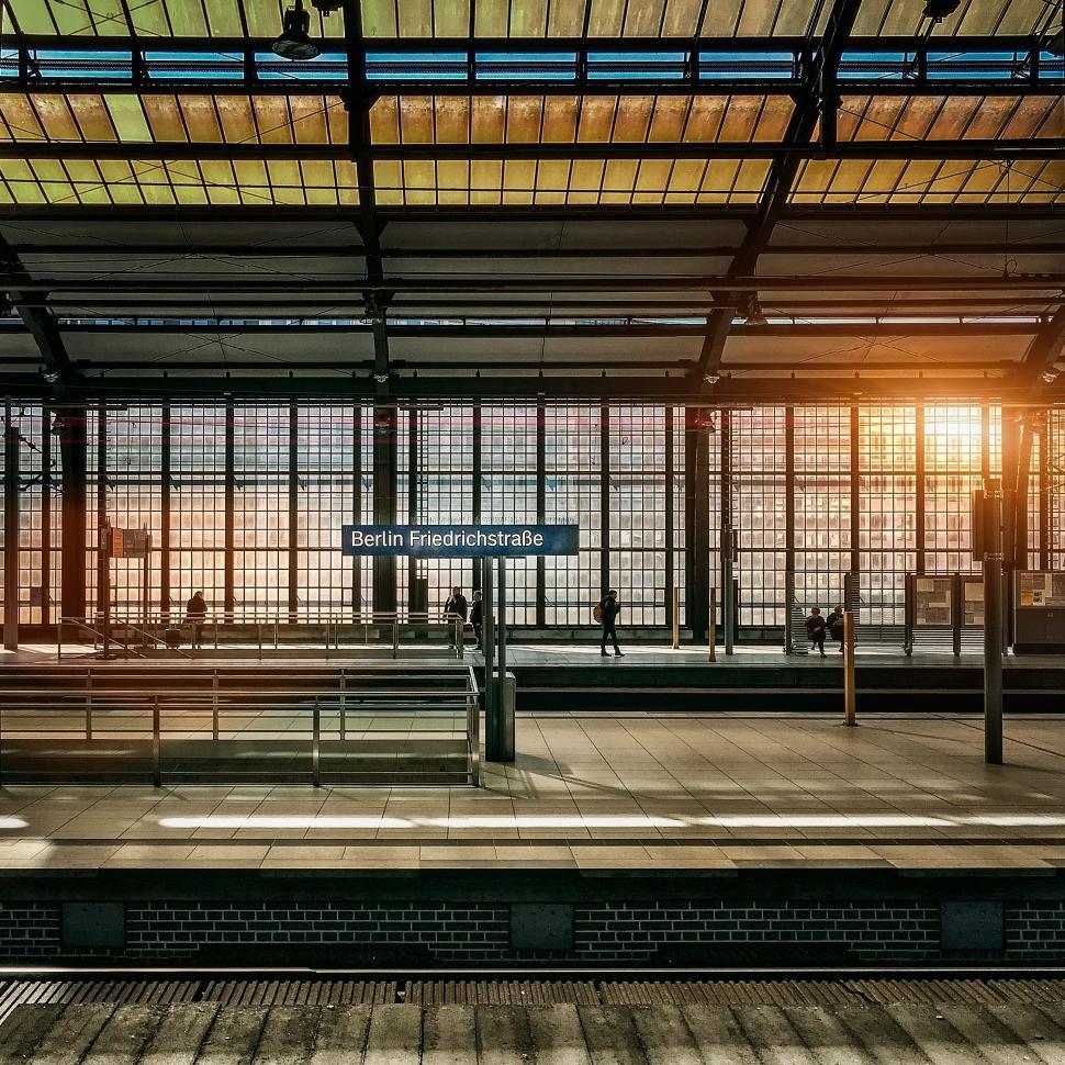 Free Image of Berlin Friedrichstrasse station platforms with sunset light streaming. 