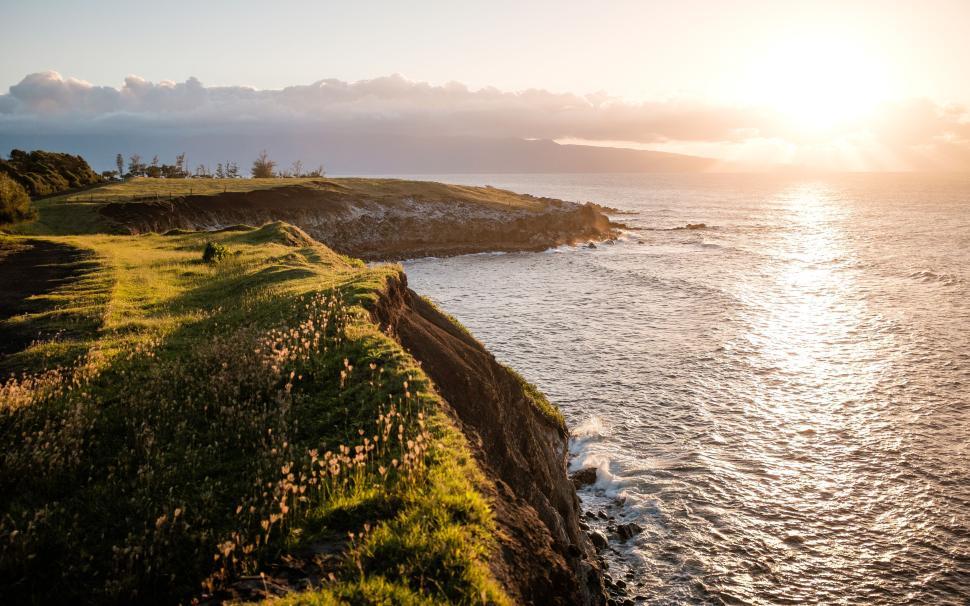 Free Image of Sunset over the ocean with a grassy cliff in the foreground. 