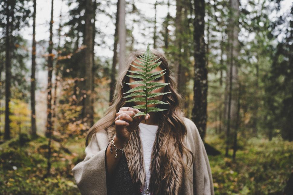 Free Image of Person in forest holding a leaf in front of their face 