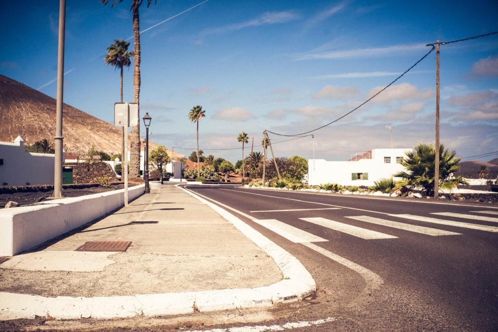 Free Image of Quiet street with palm trees and mountains under a clear sky 