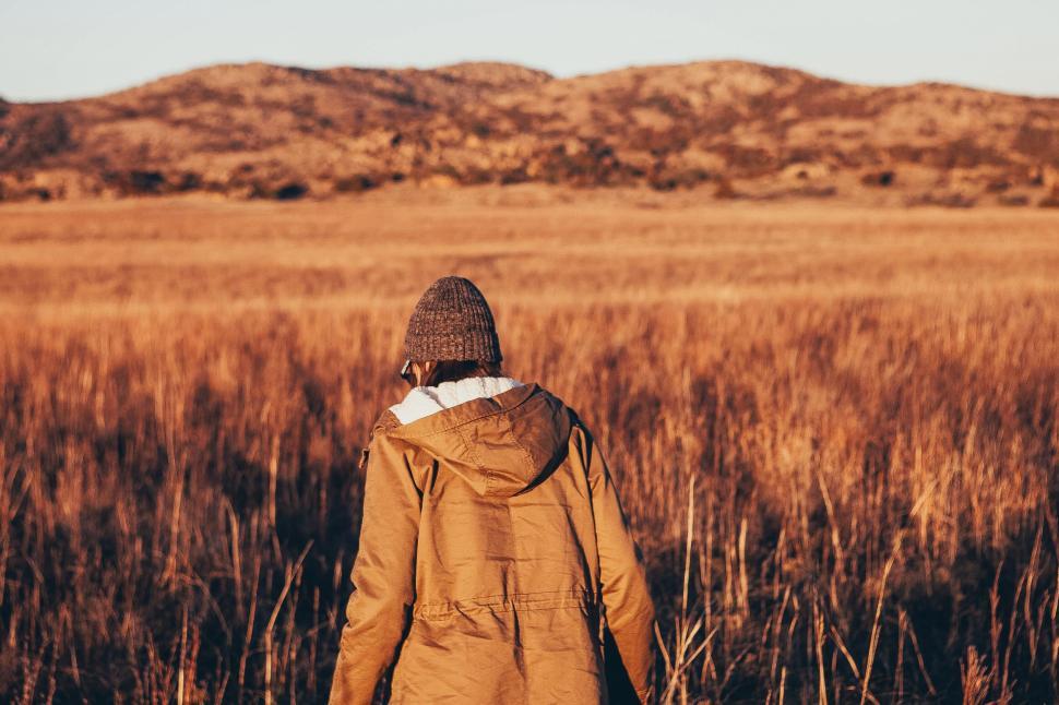 Free Image of Person walking through golden grass field beneath mountain range 