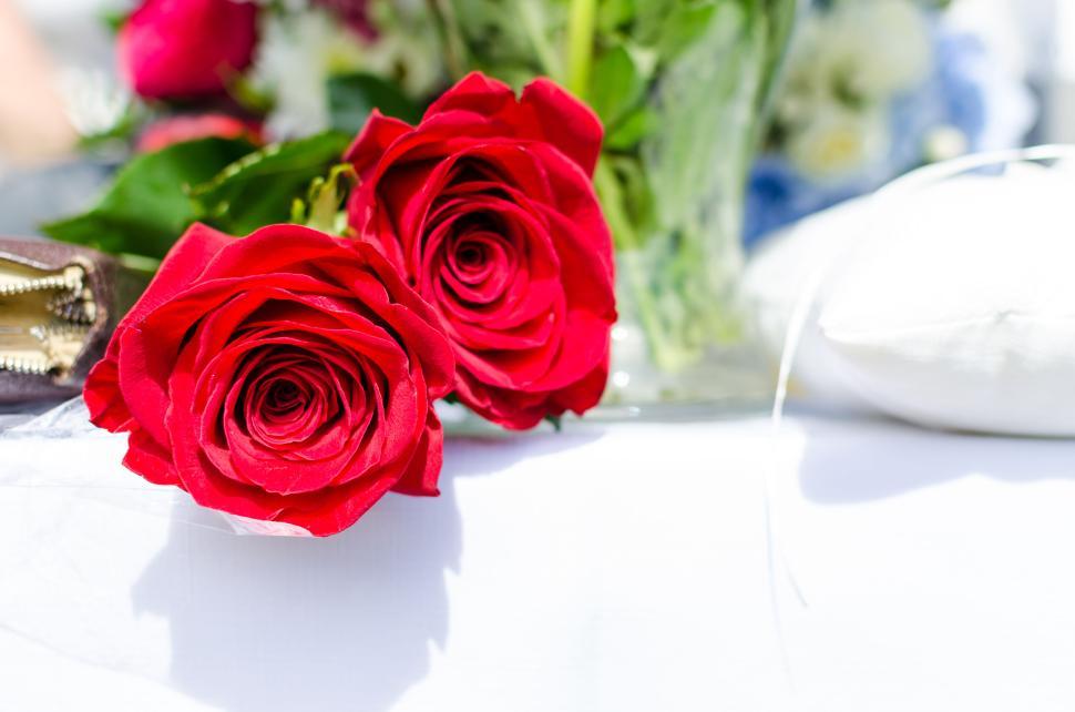 Free Image of Two red roses on a white surface with additional blurred florals. 