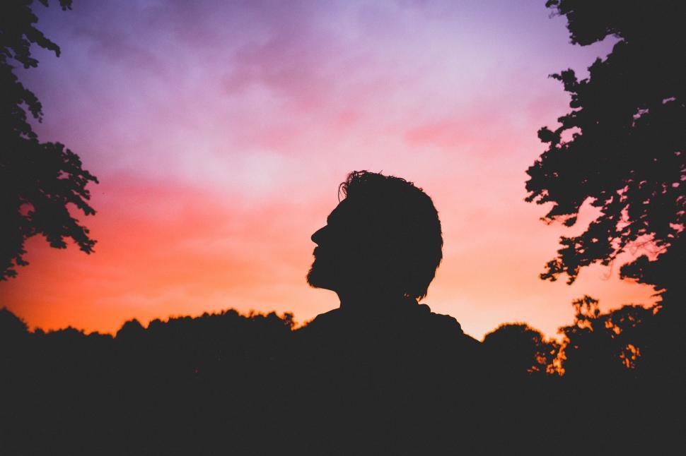 Free Image of Silhouette of a person against a vivid sunset sky with trees. 