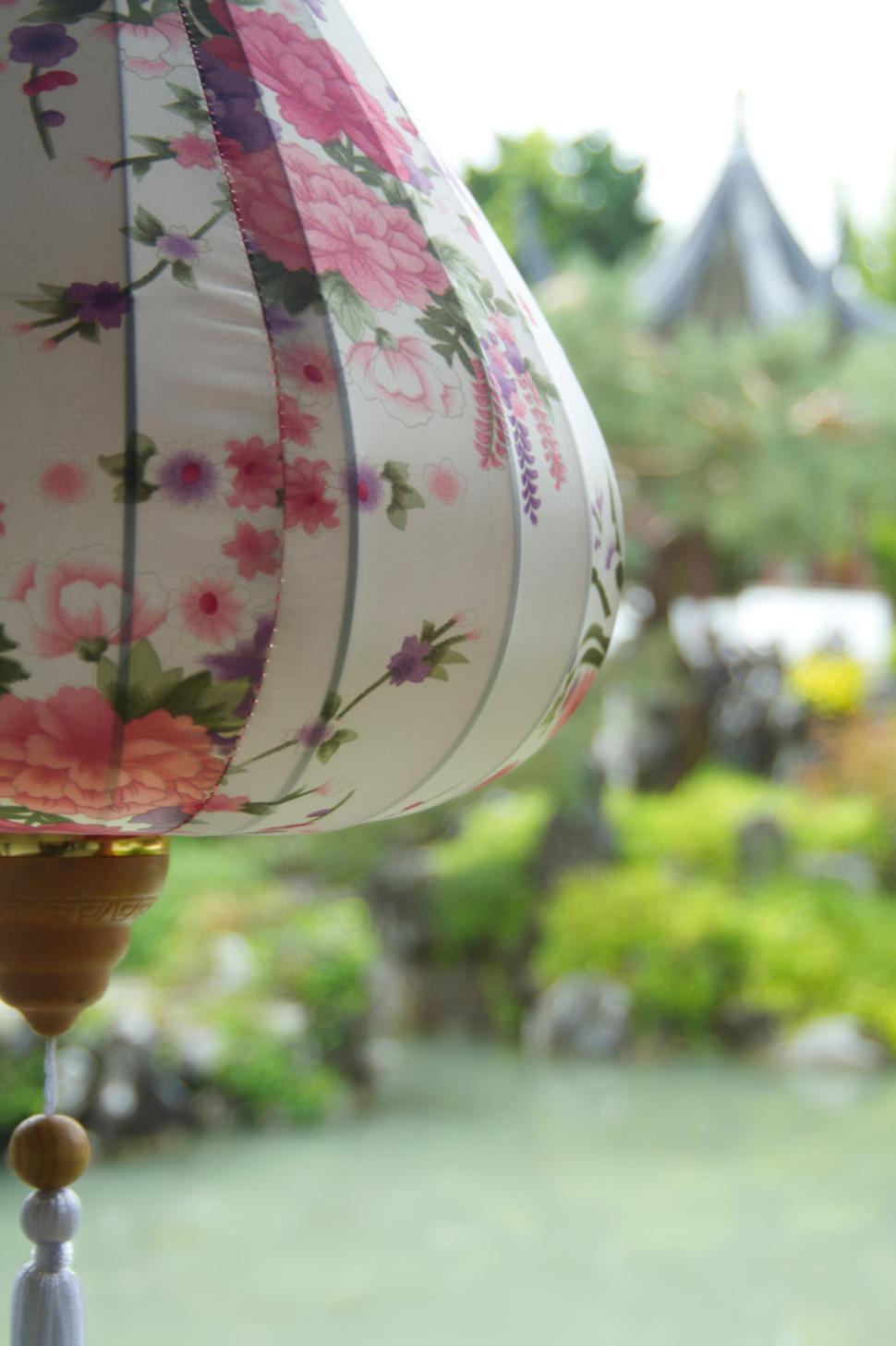 Free Image of Close-up of a floral patterned lantern with a scenic background 