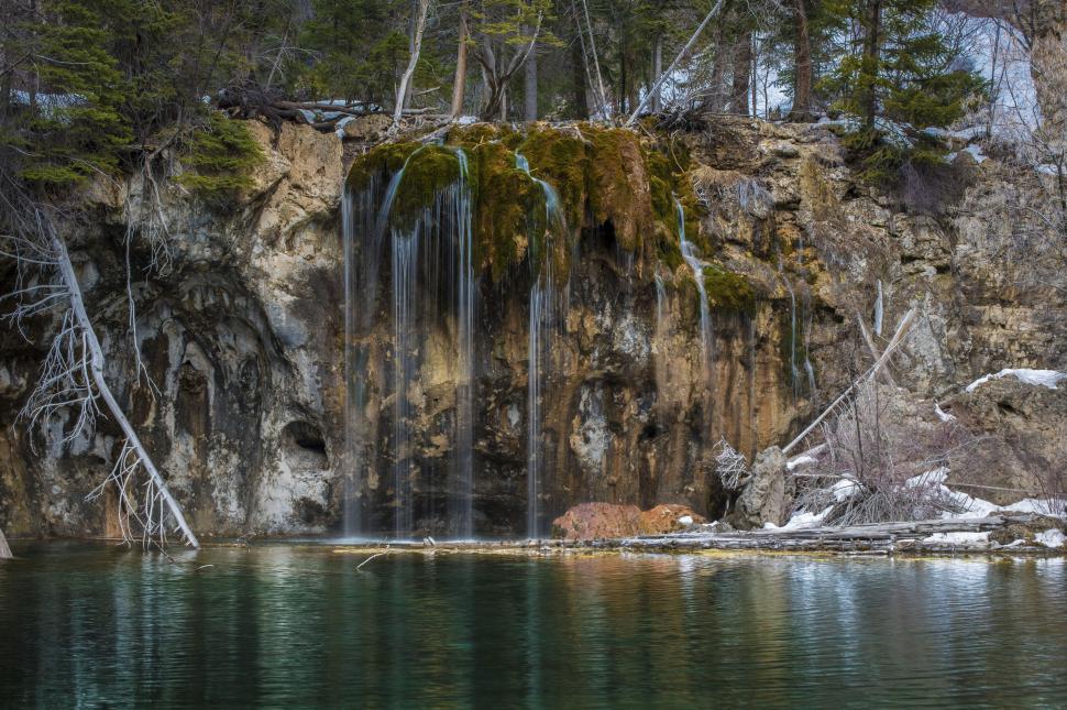 Free Image of Waterfalls cascading into emerald pond in forest 
