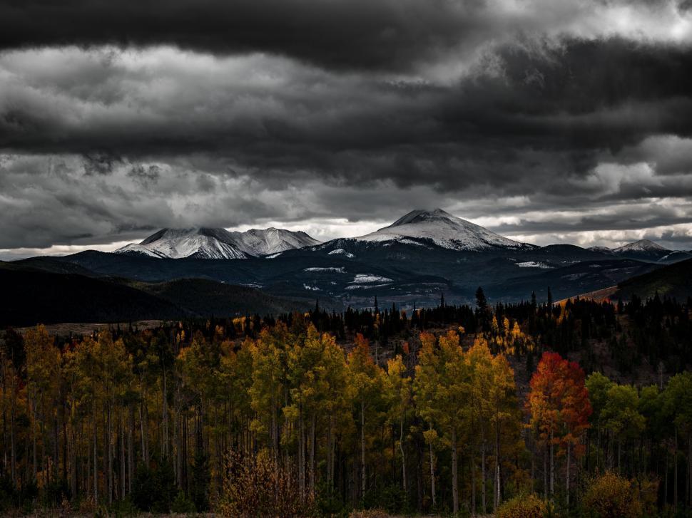 Free Image of Dramatic autumn forest with snow-capped mountains 