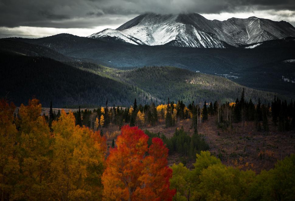 Free Image of Vast mountain range with autumn foliage and snowy peak. 