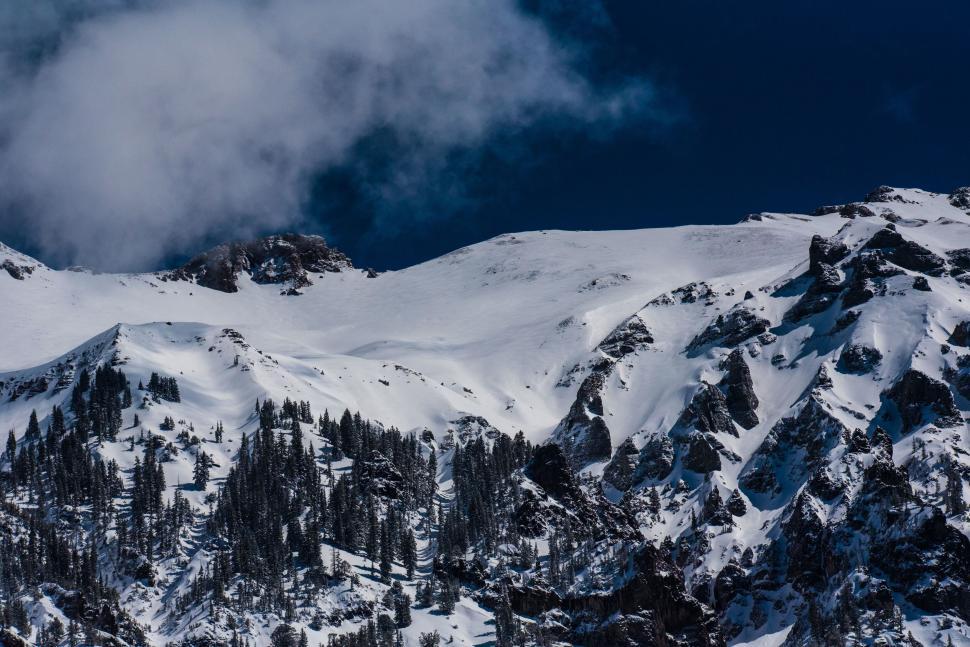 Free Image of Snow-covered mountains under a clear blue sky view 